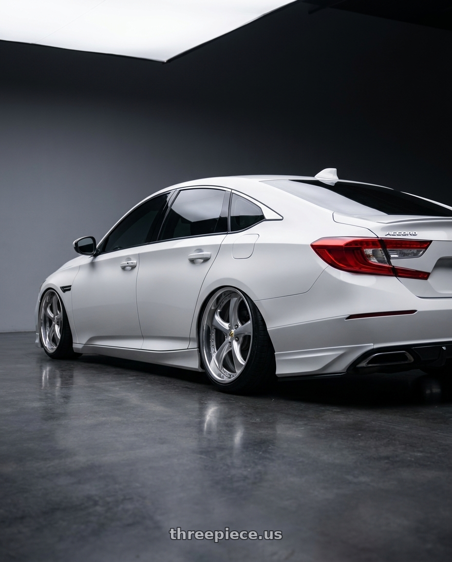 Honda accord 2018 with Work Wheels VS-KF 5X114.3 19x7.5+40 Light Grey Silver O Disk FULL REVERSE wheels rear three quarter view square tires