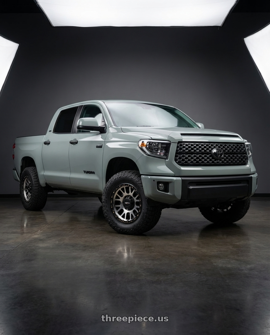 2018 Toyota Tundra with Vision Off-Road 111 Nemesis 5x150 20x9+18 Matte Black Machined Face wheels front three quarter view stock stance