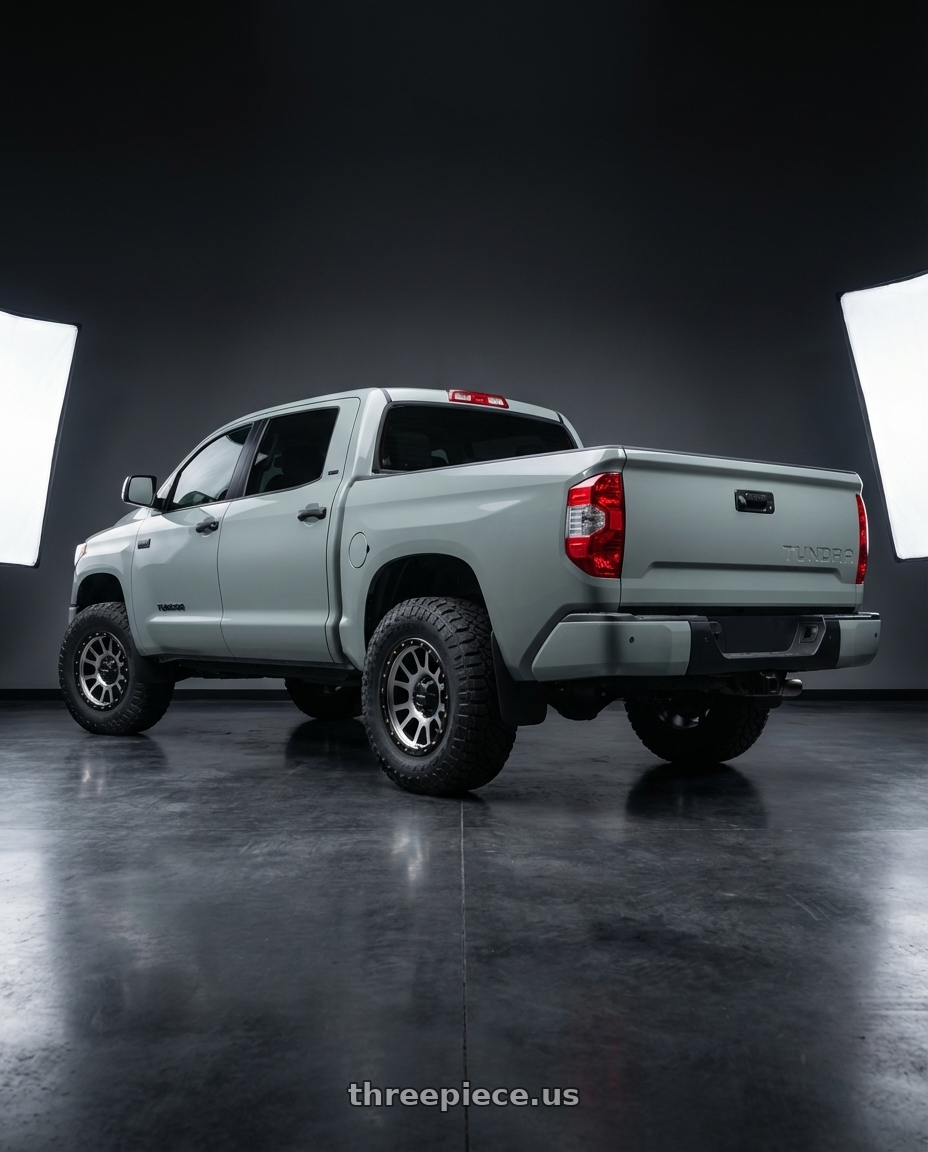 2018 Toyota Tundra with Vision Off-Road 111 Nemesis 5x150 20x9+18 Matte Black Machined Face wheels rear three quarter view meaty tires