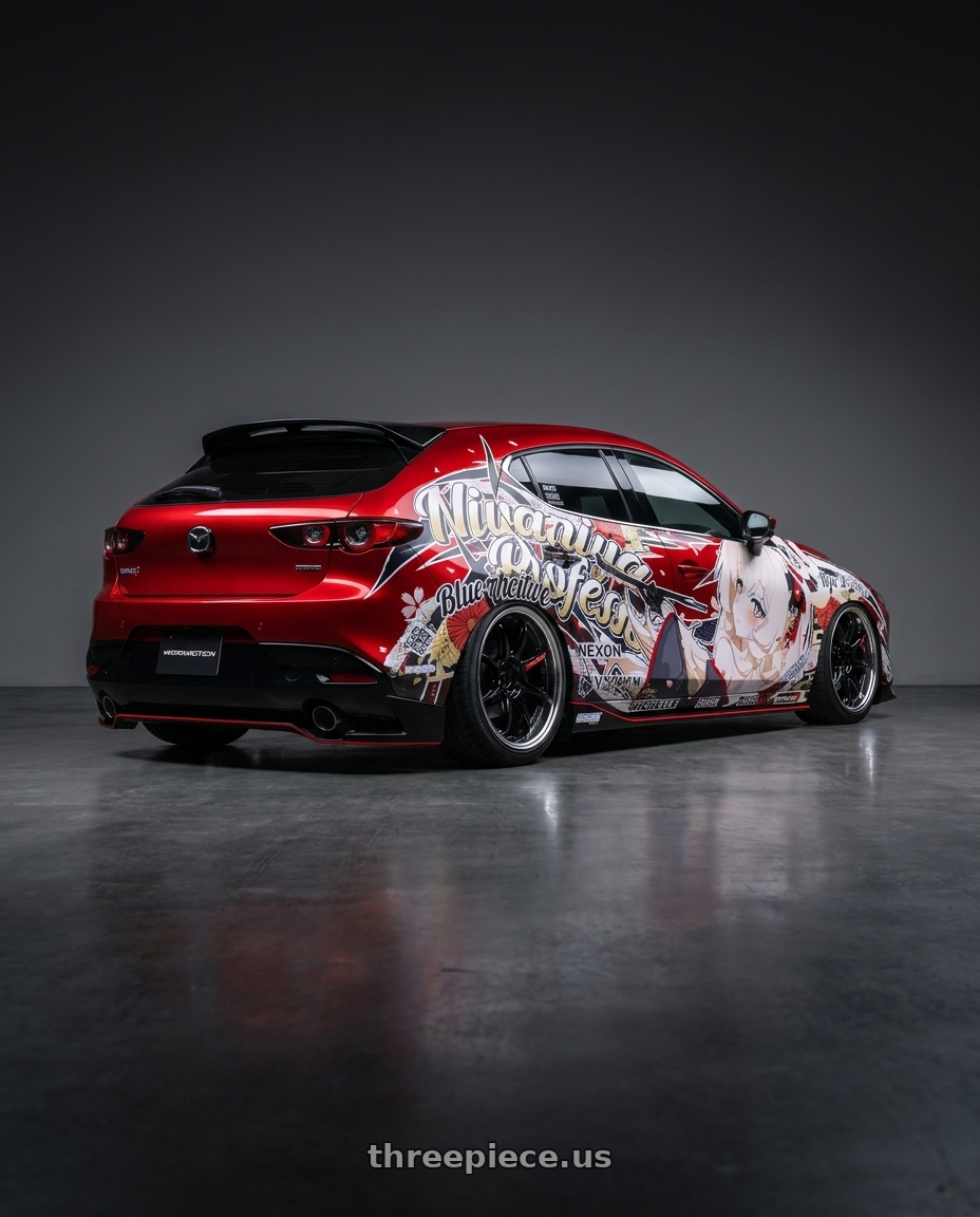 2026 mazda 3 with Emotion ZR10 2P wheels rear three quarter view slight stretch tires