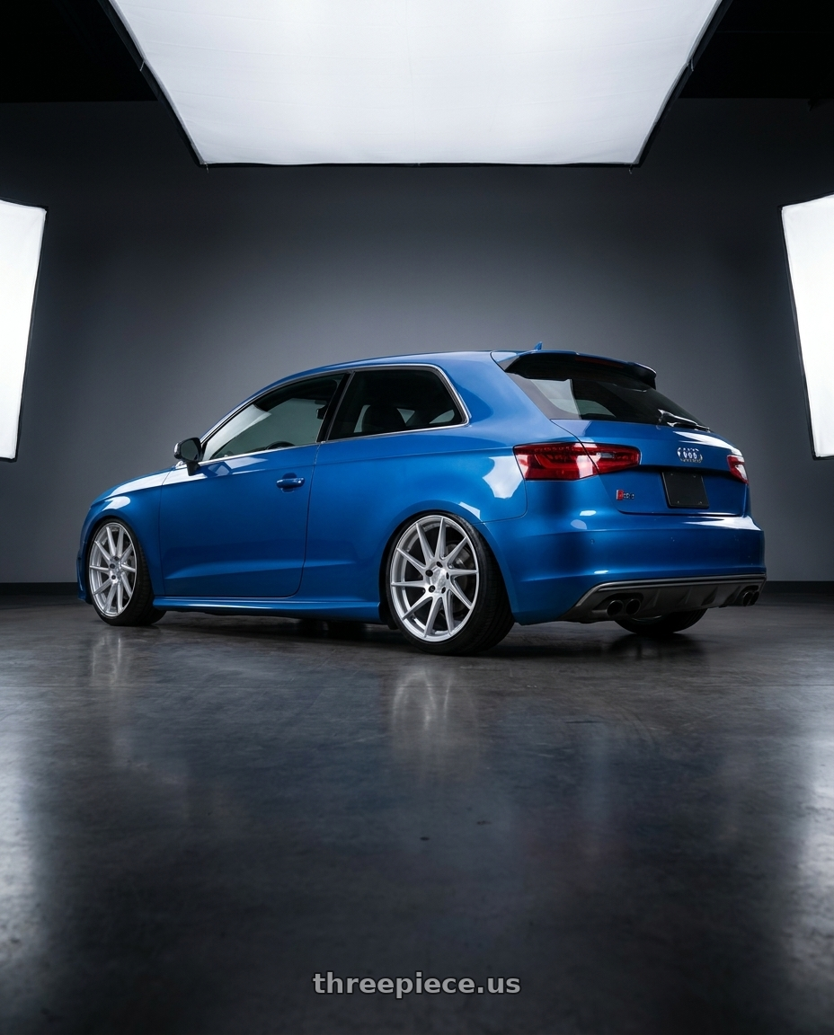 2019 Audi S3 8V with Aodhan AH09 5x112 18x8.5 +35 Gloss Silver Machined Face wheels rear three quarter view slight stretch tires