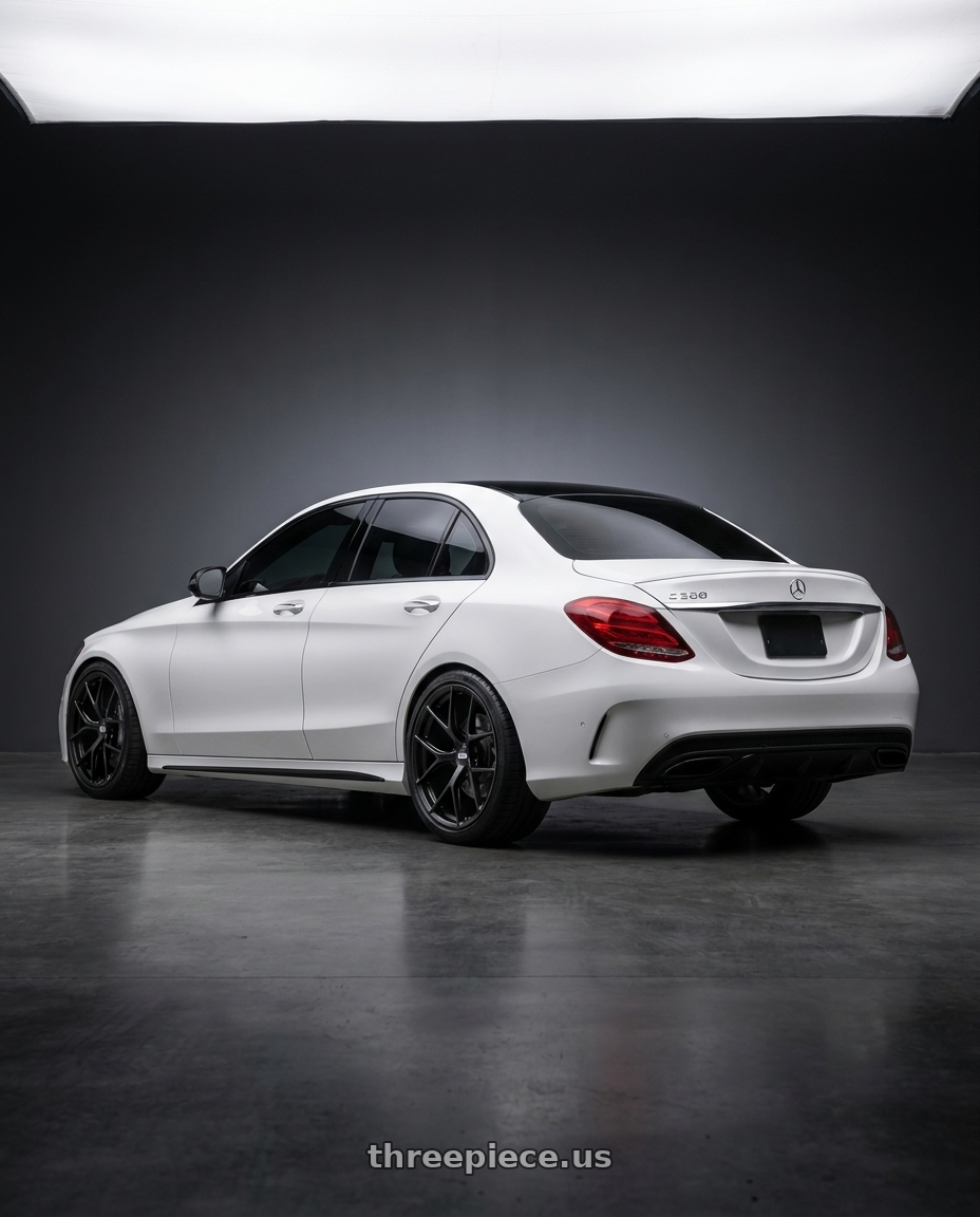 2016 Benz C300 white with BBS FI-R Evo 5x112 19x9.5+15 Satin Black wheels rear three quarter view square tires