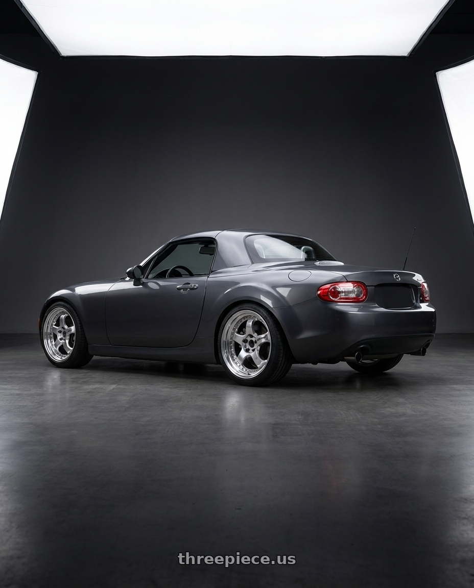 2014 Mazda Miata with Work Meister S1 3P 5x114.3 17x7.5+17 W Disk Bright Buff Finish wheels rear three quarter view square tires