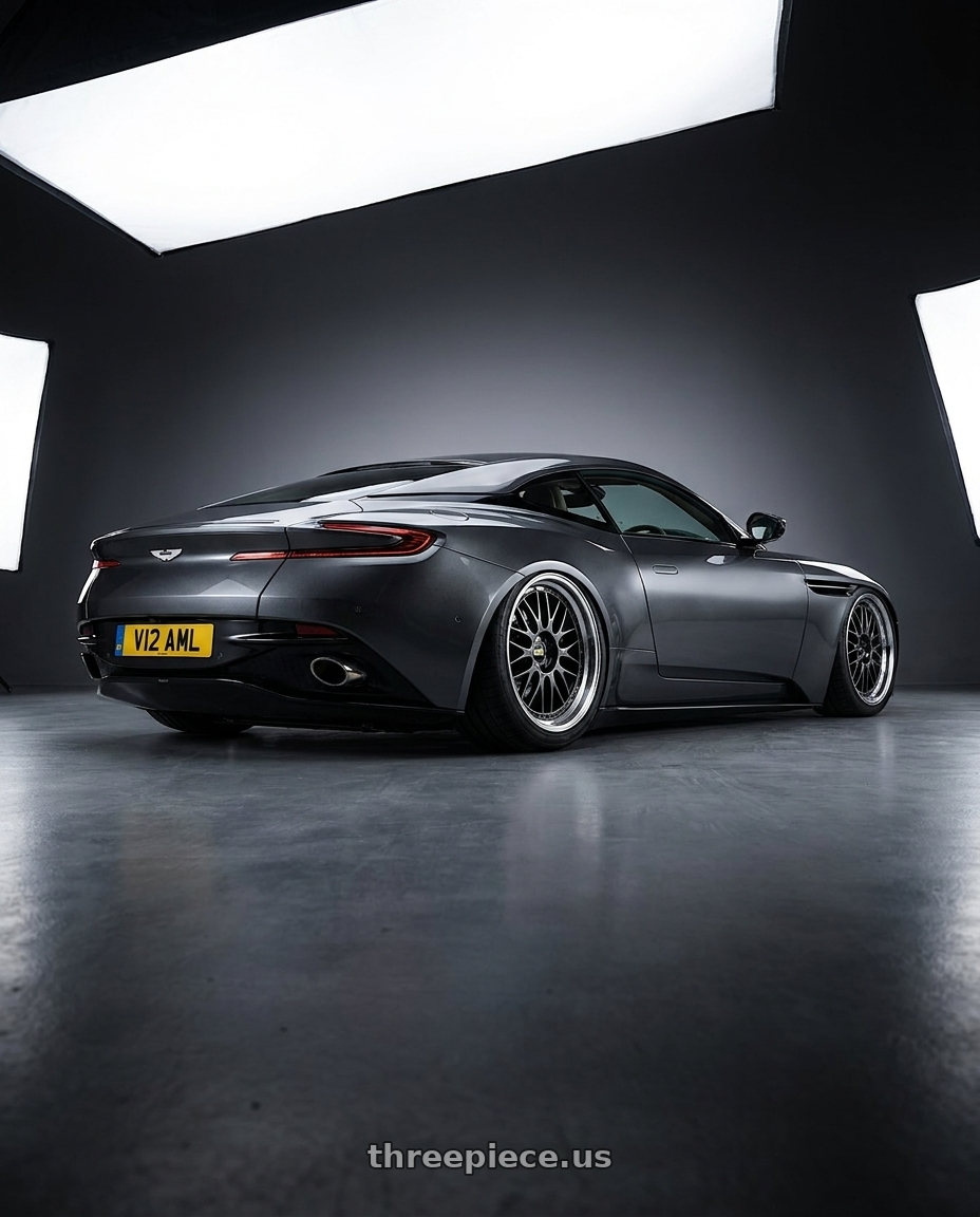 2019 Aston Martin DB11 with BBS LM 5x120 19x10.0+25 Diamond Black wheels rear three quarter view square tires