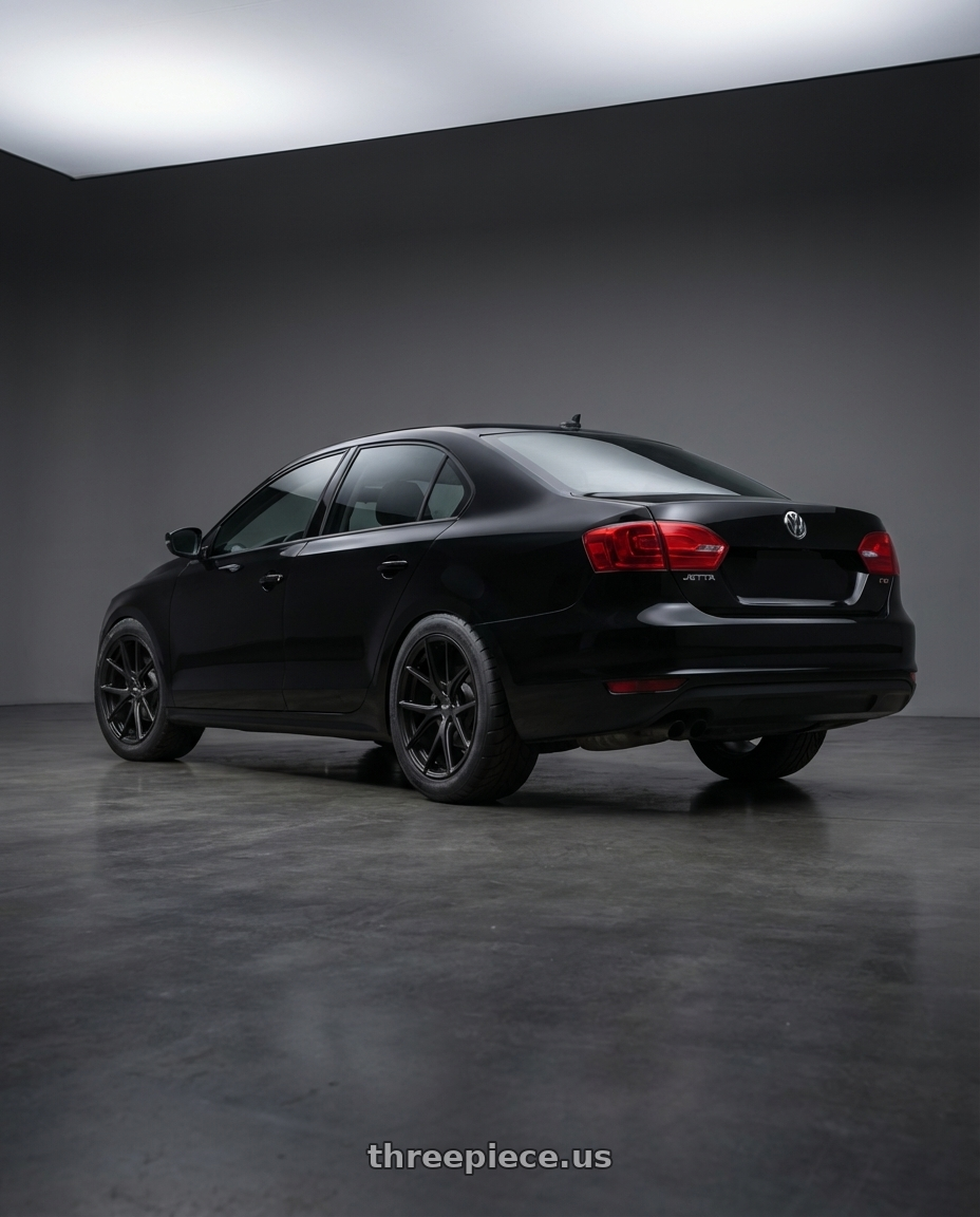 2013 Jetta TSI mk6  with Bravado 08B Tribute 5x114.3 19x9.5 +35 Matte Black wheels rear three quarter view meaty tires