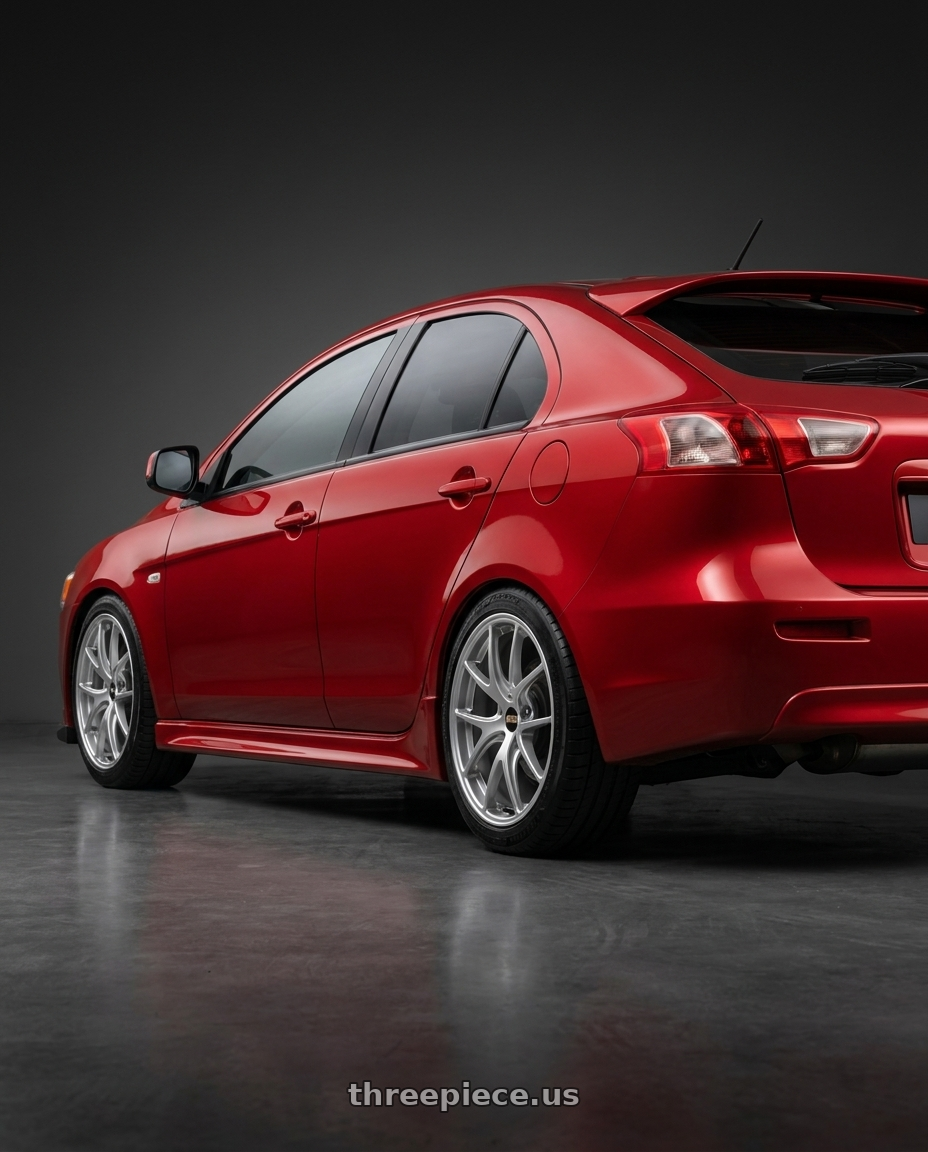 2014 lancer sportback  with BBS RI-A 5x120 18x8.5+34 Diamond Silver wheels rear three quarter view square tires