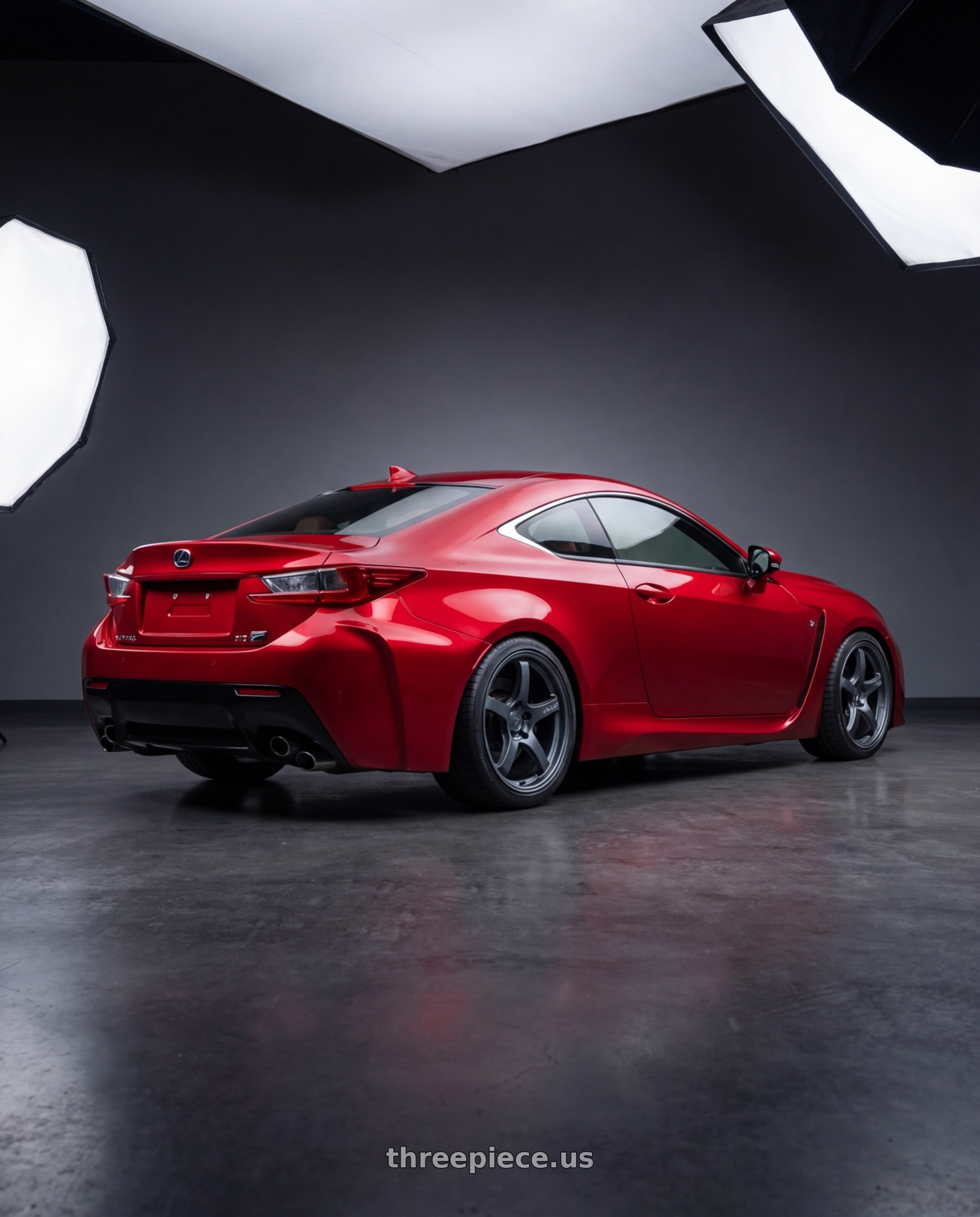 2018 Lexus RC F with Gram Lights 57CR 5x114.3 19x10.5+35 Gunblue II wheels rear three quarter view square tires