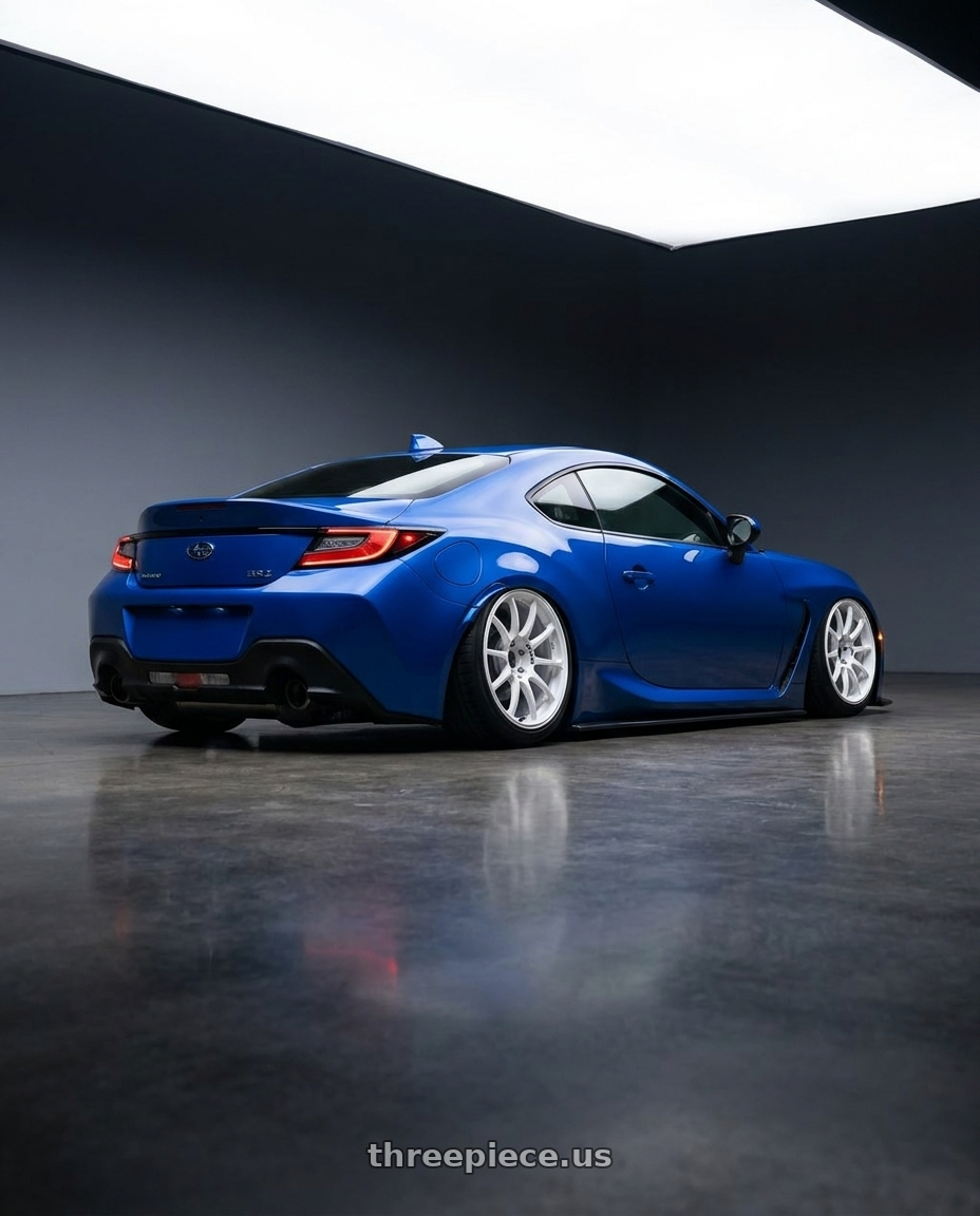 2024 Subaru BRZ with Advan RCIII 5x114.3 18x8.5+38 White wheels rear three quarter view slight stretch tires