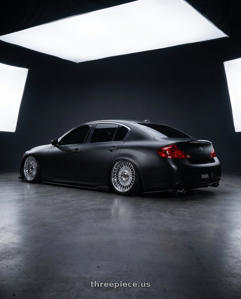 2013 Infiniti G37 sedan satin with Work Emitz wheels rear three quarter view slight stretch tires