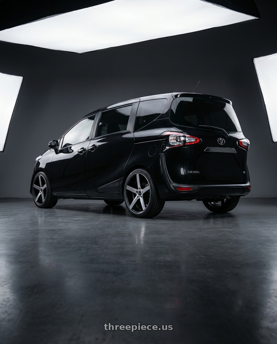 Toyota sienta 2017 with Strada Perfetto 5x100/5x114.3 16x7.5 +35 Gloss Black Machined wheels rear three quarter view square tires