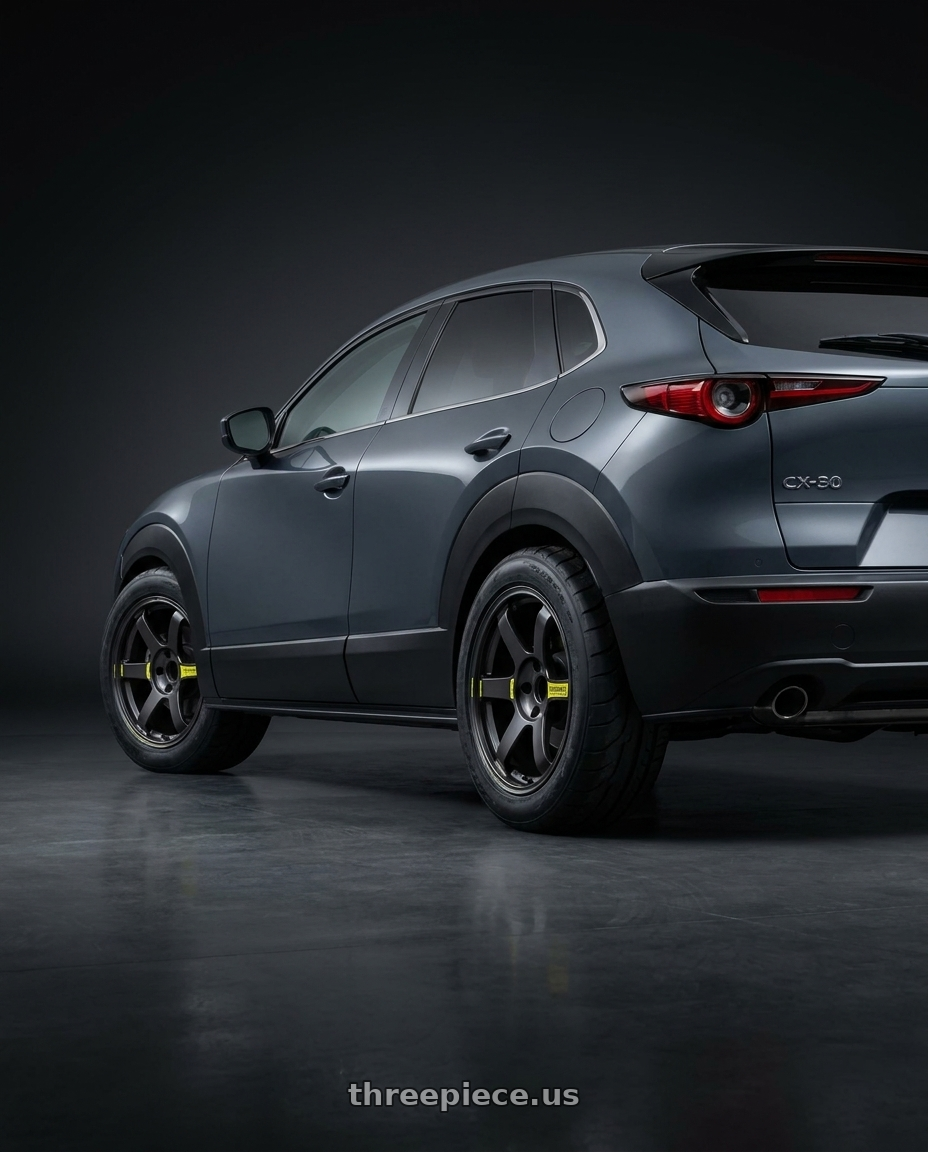 2026 mazda cx-30 with Volk Racing TE37 Saga SL M-Spec 5x100 18x9.5+45 Pressed Black wheels rear three quarter view meaty tires