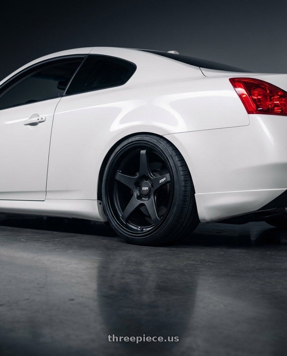 2014 Infiniti G37 Coupe with ESR Wheels APEX SERIES AP5 5x114.3 19x9.5 +22 Matte Black wheels rear three quarter view square tires