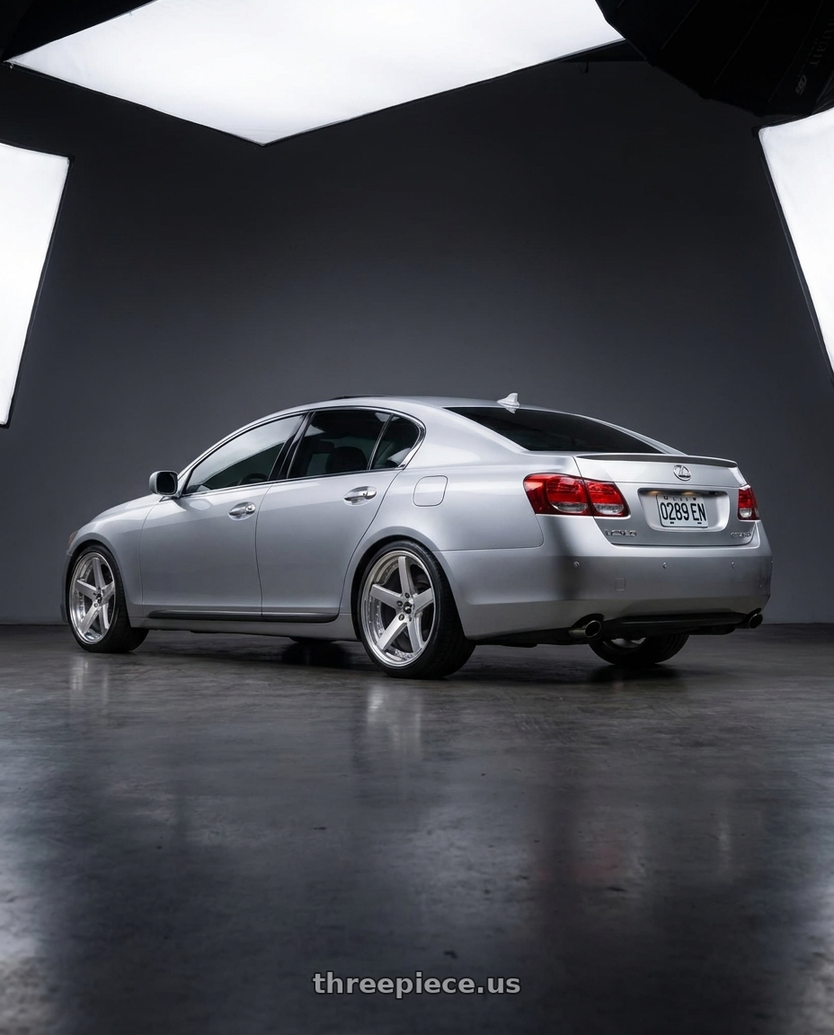 2006 Lexus gs300 with Work Zeast St2 5x100 19x8+38 R Disk Brush Silver Clear wheels rear three quarter view slight stretch tires