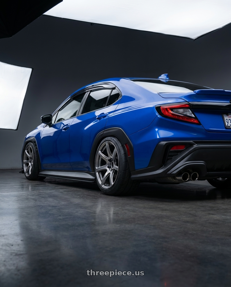 2023 subaru wrx with Work Emotion T7r 5x100 18x10.5 +12 Gt Silver wheels rear three quarter view meaty tires