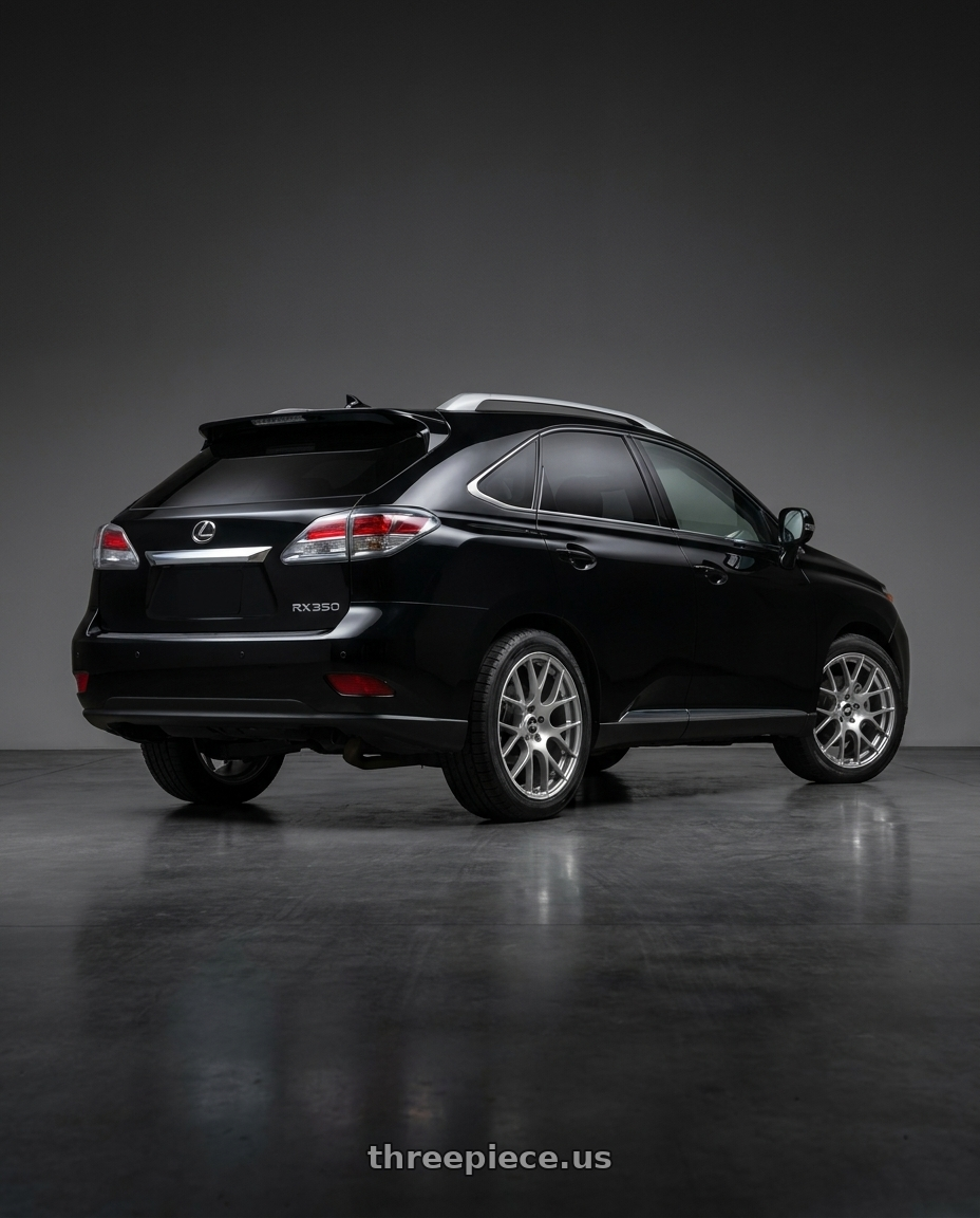 2011 Lexus RX350 with Enkei Raijin 5x114.3 18x8.5+38 Hyper Silver wheels rear three quarter view square tires