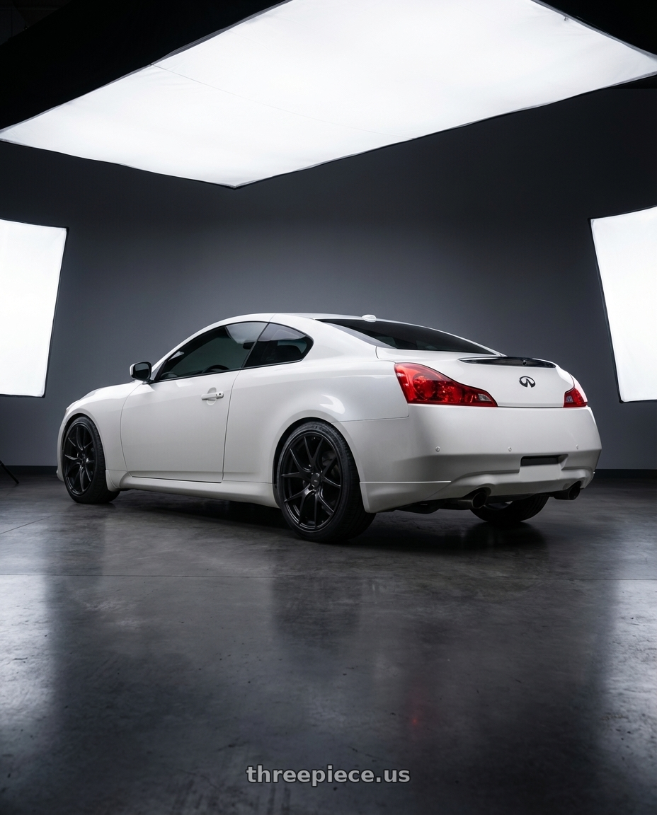 2014 Infiniti G37 Coupe with Ssr Gtv03 5x114.3 19x8.5+38  FLAT BLACK wheels rear three quarter view square tires