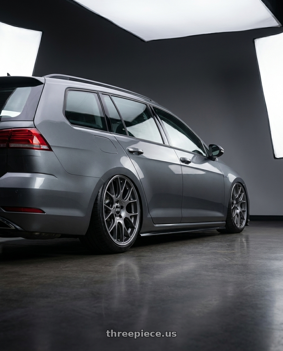2019 Golf variant r line with BBS CH-R 5x112 20x10.5 +25 Satin Titanium Polished Rim Protector wheels rear three quarter view slight stretch tires