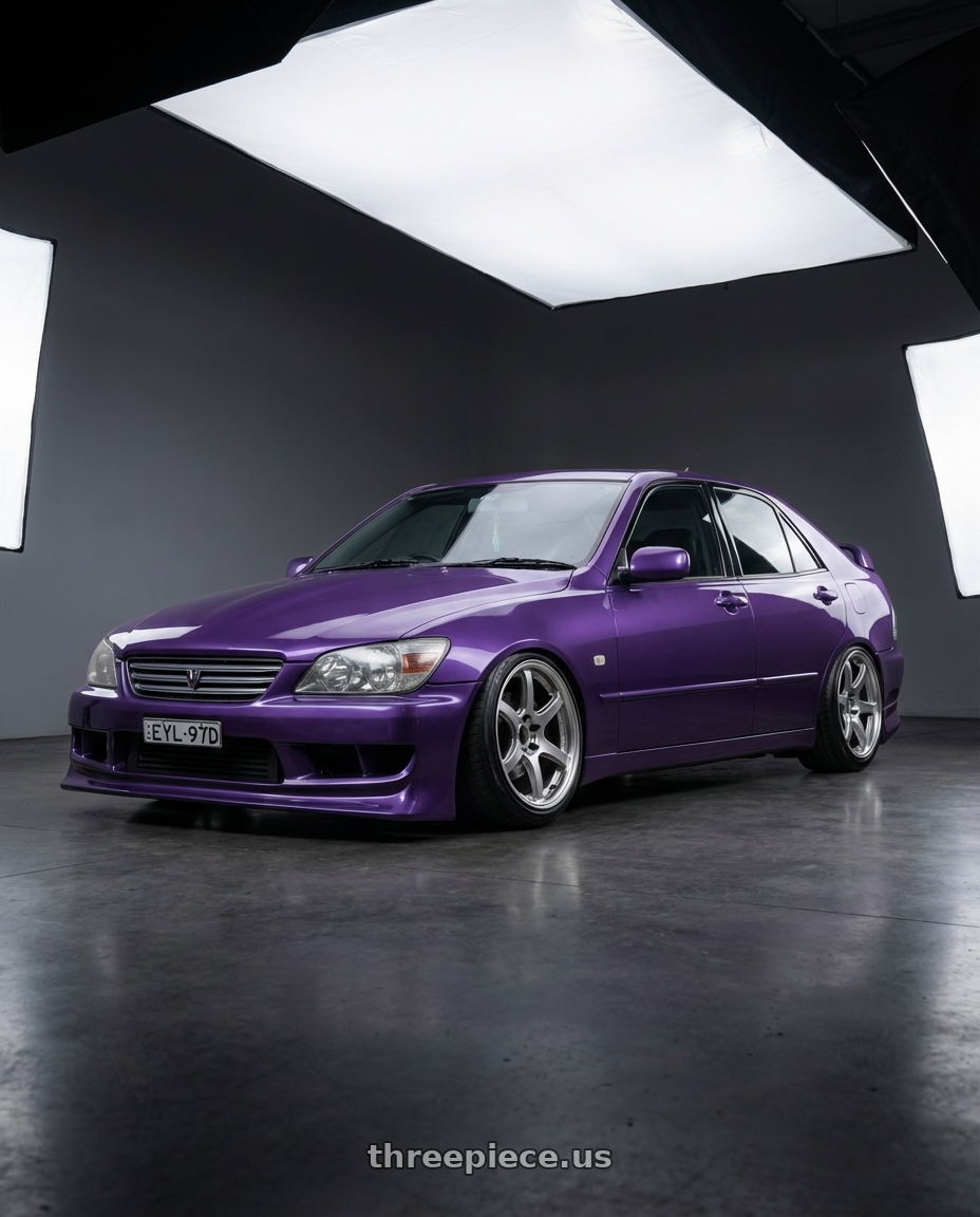 2001 Lexus is200 sports luxury in Porsche veola purple  with Work Emotion T7r 5x100 18x9.5 +22 Gt Silver wheels front three quarter view slammed stance