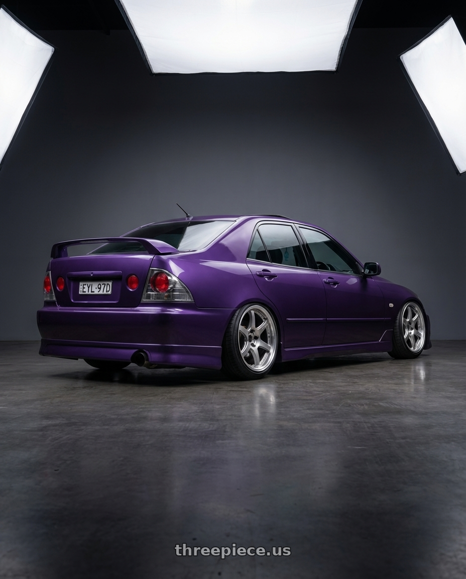 2001 Lexus is200 sports luxury in Porsche veola purple  with Work Emotion T7r 5x100 18x9.5 +22 Gt Silver wheels rear three quarter view slight stretch tires