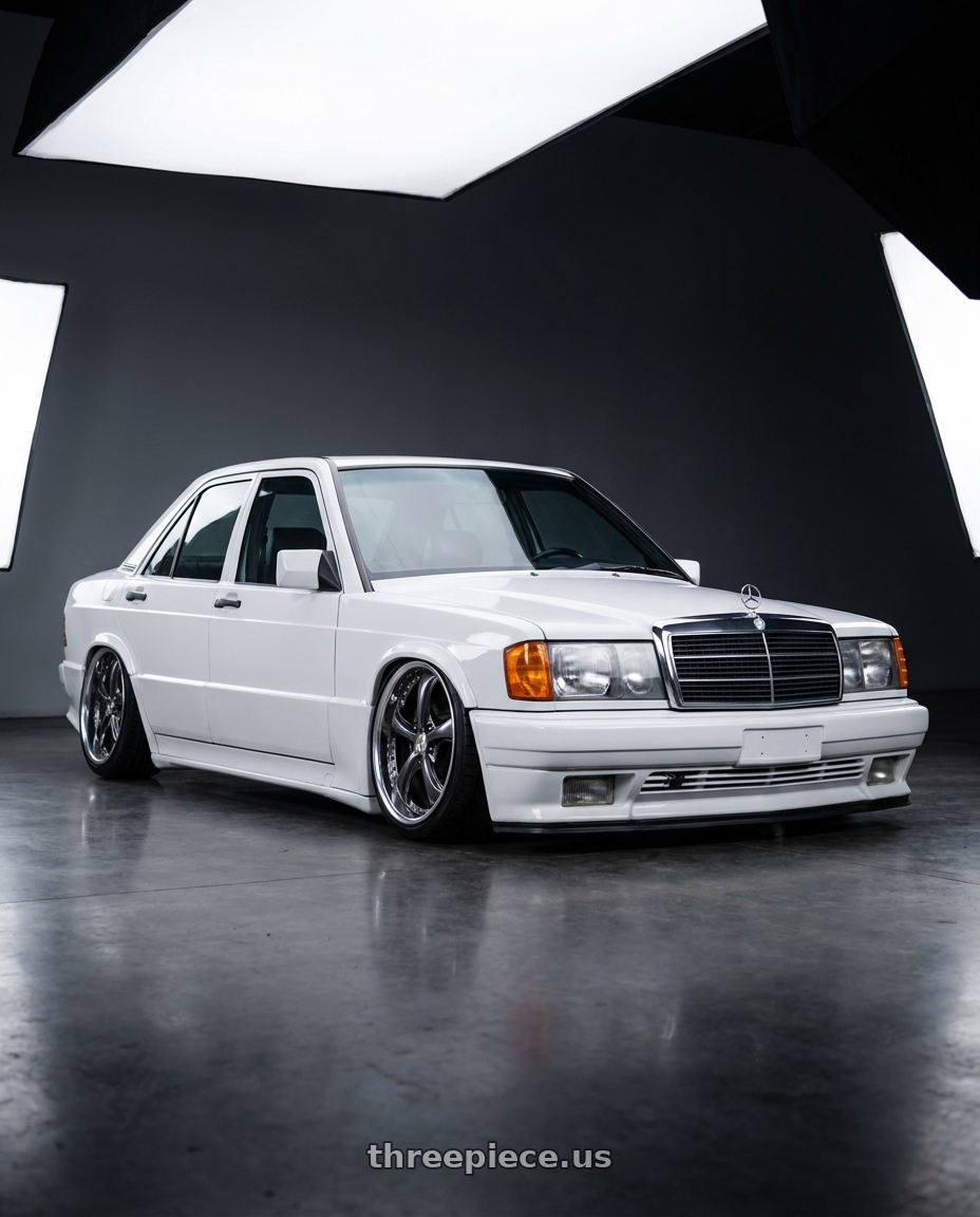 1989 Mercedes Benz 190e with Work Wheels VS-KF 5X114.3 19x9.5-29 Brilliant Silver Black A Disk FULL REVERSE wheels