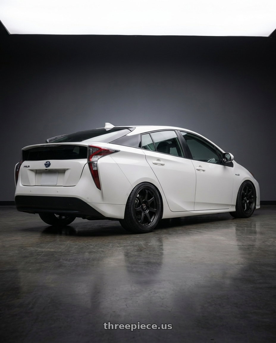2017 Toyota Prius  with Enkei PF06 5x100 18x9.5+40 Black Machined wheels rear three quarter view meaty tires