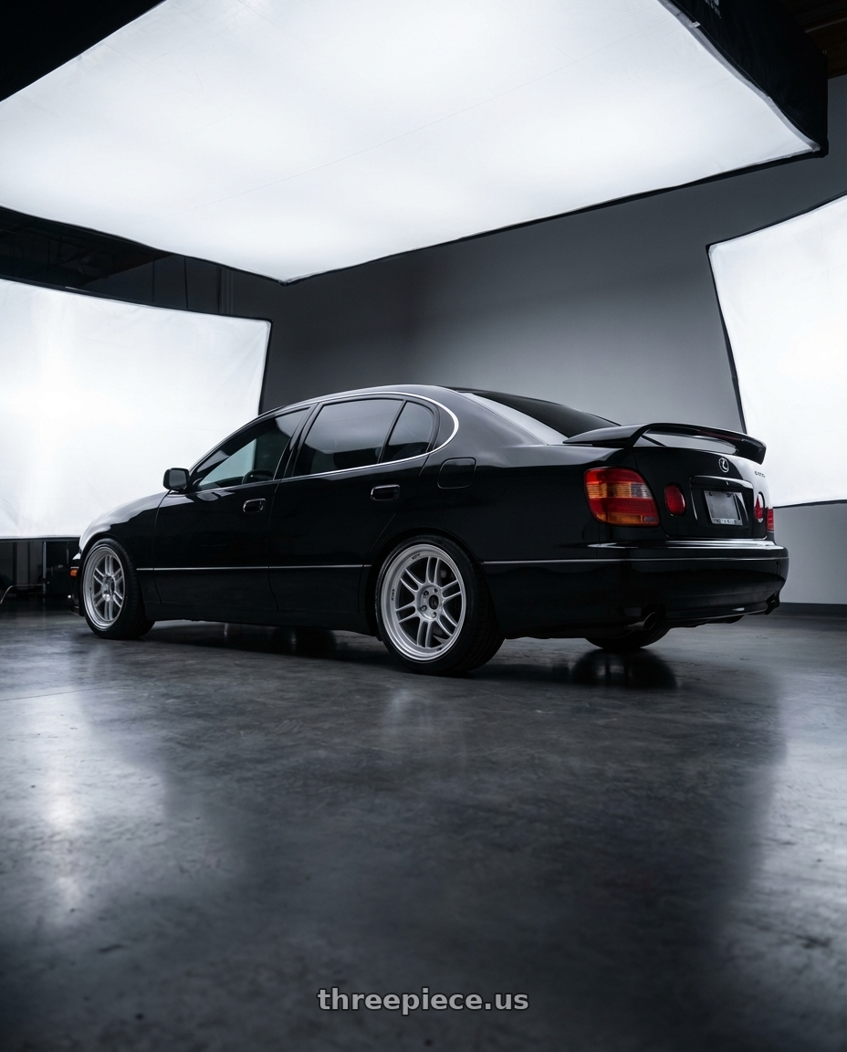 2003 lexus gs300 sport design with Enkei RPF1 5x114.3 18x9.5+38 Silver wheels rear three quarter view slight stretch tires