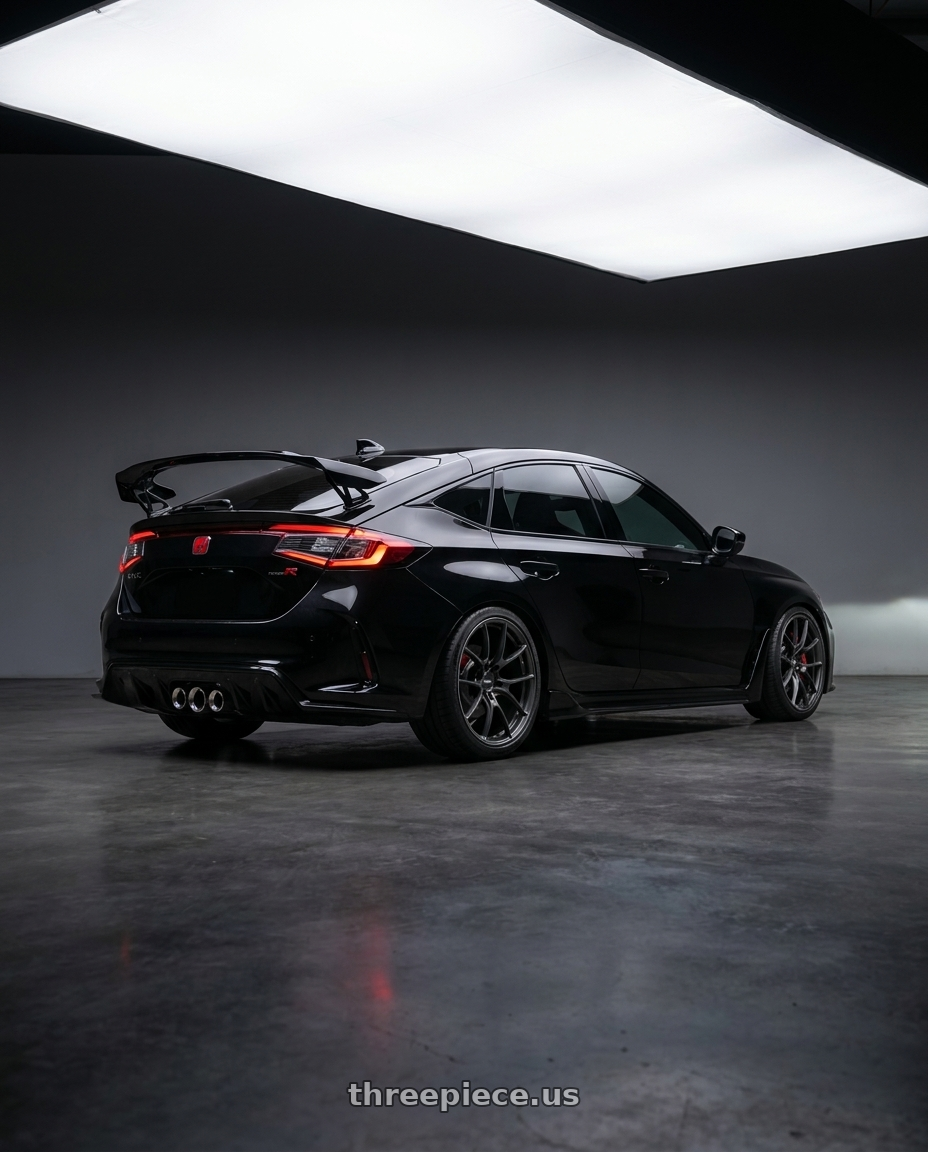 2023 Honda civic type r  with Volk Racing G025 5x120 19x9.5 +25 MATTE GUNBLACK / DC wheels rear three quarter view square tires