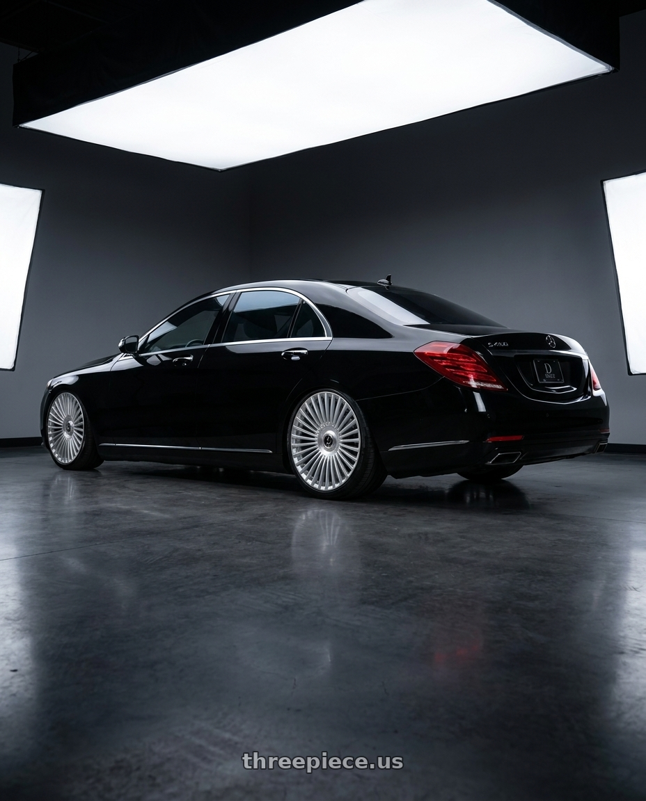 2018 Mercedes S 450 with DOLCE LUXURY TRENTO 6x135/6x139.7 24x10 +35 Glossy Silver Brush Face wheels rear three quarter view slight stretch tires