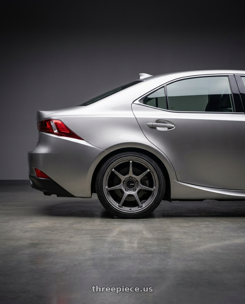 2013 Lexus IS300h with Enkei TS-7 5x114.3 18x8+35 Storm Gray wheels rear three quarter view square tires