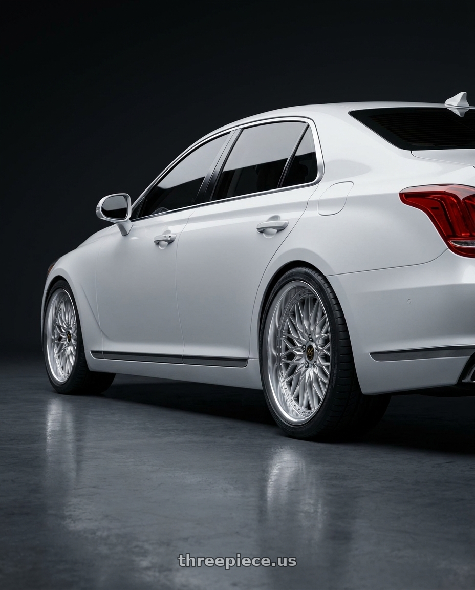 2018 genesis g90 with Work Vs-Xv 5x115 19x9.5-11 O Disk Silky Rich Silver wheels rear three quarter view square tires