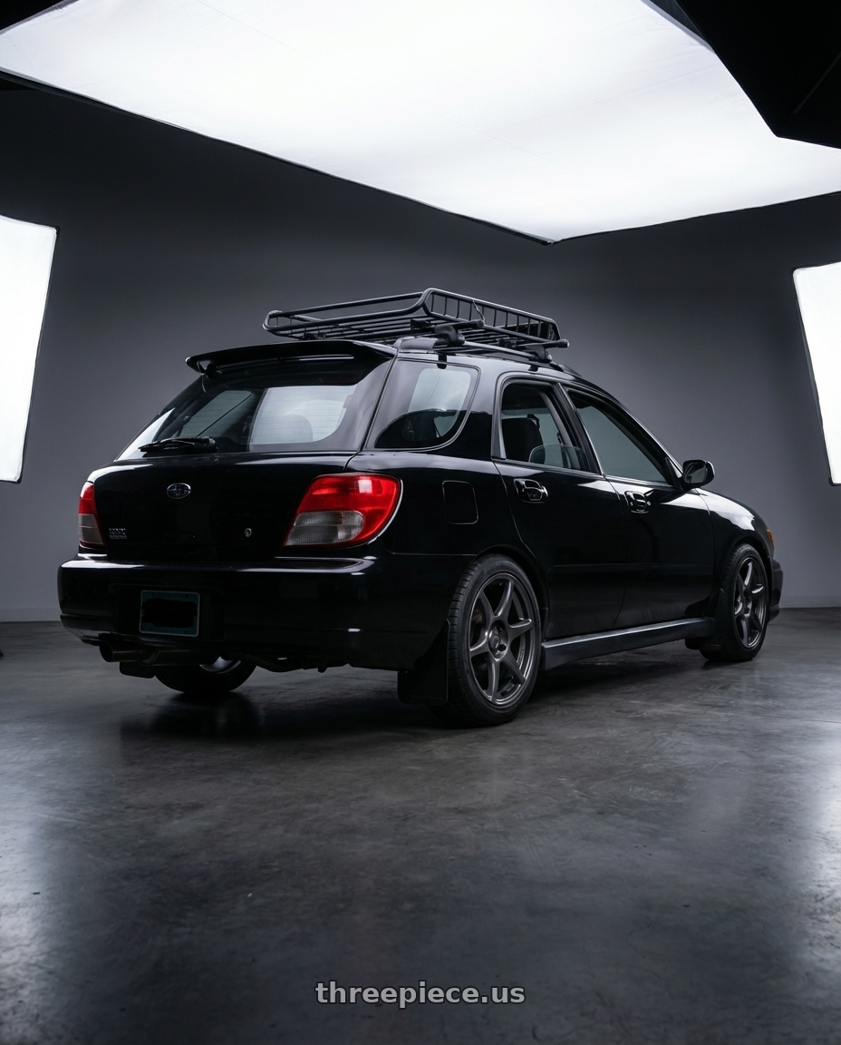 2002 Subaru WRX with Kansei K11G Tandem 4X100 15x8 0 Gunmetal wheels rear three quarter view square tires