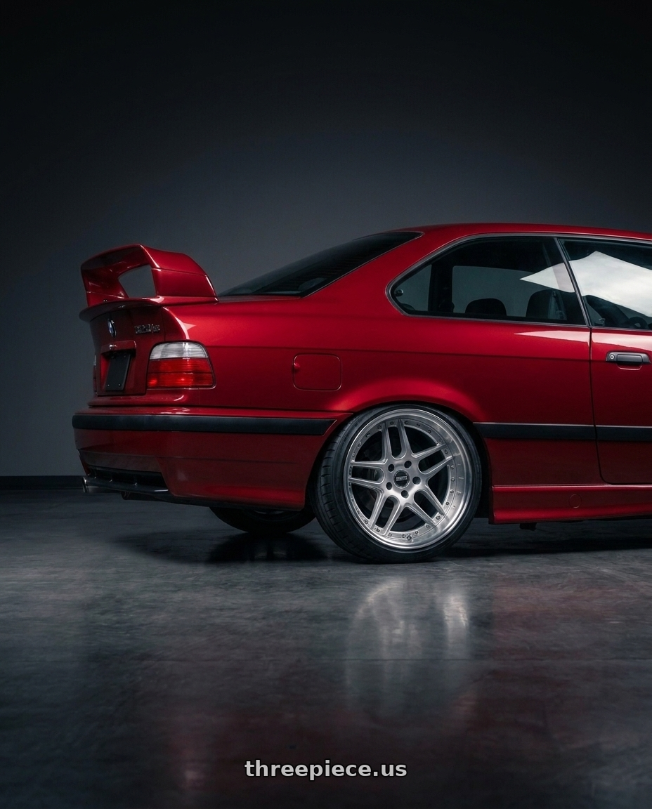 1996 BMW E36 328is with ESR Wheels CS18 5x114.3 18x8.5 +35 Hyper Silver wheels rear three quarter view square tires