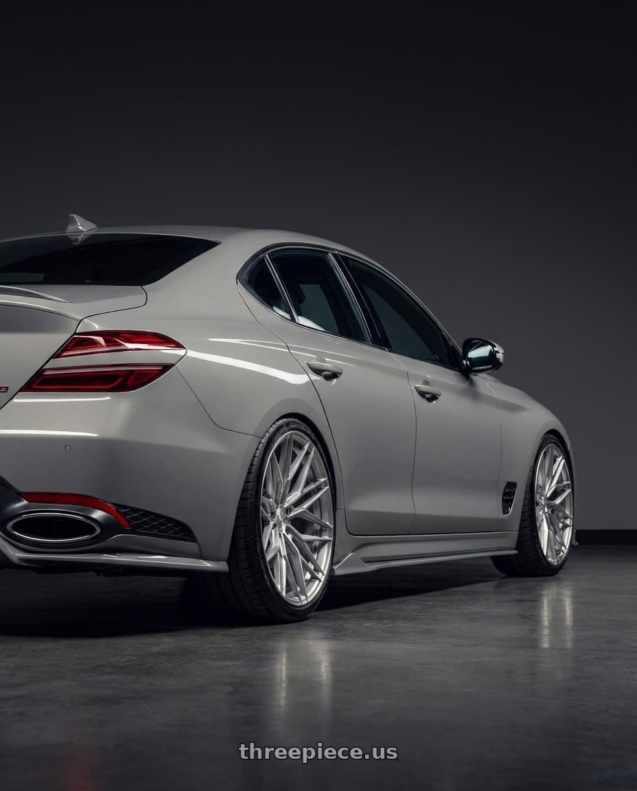 2026 genesis g70 with Rohana RFX17 5x112 19x9.5 +30 Brushed Titanium wheels rear three quarter view slight stretch tires