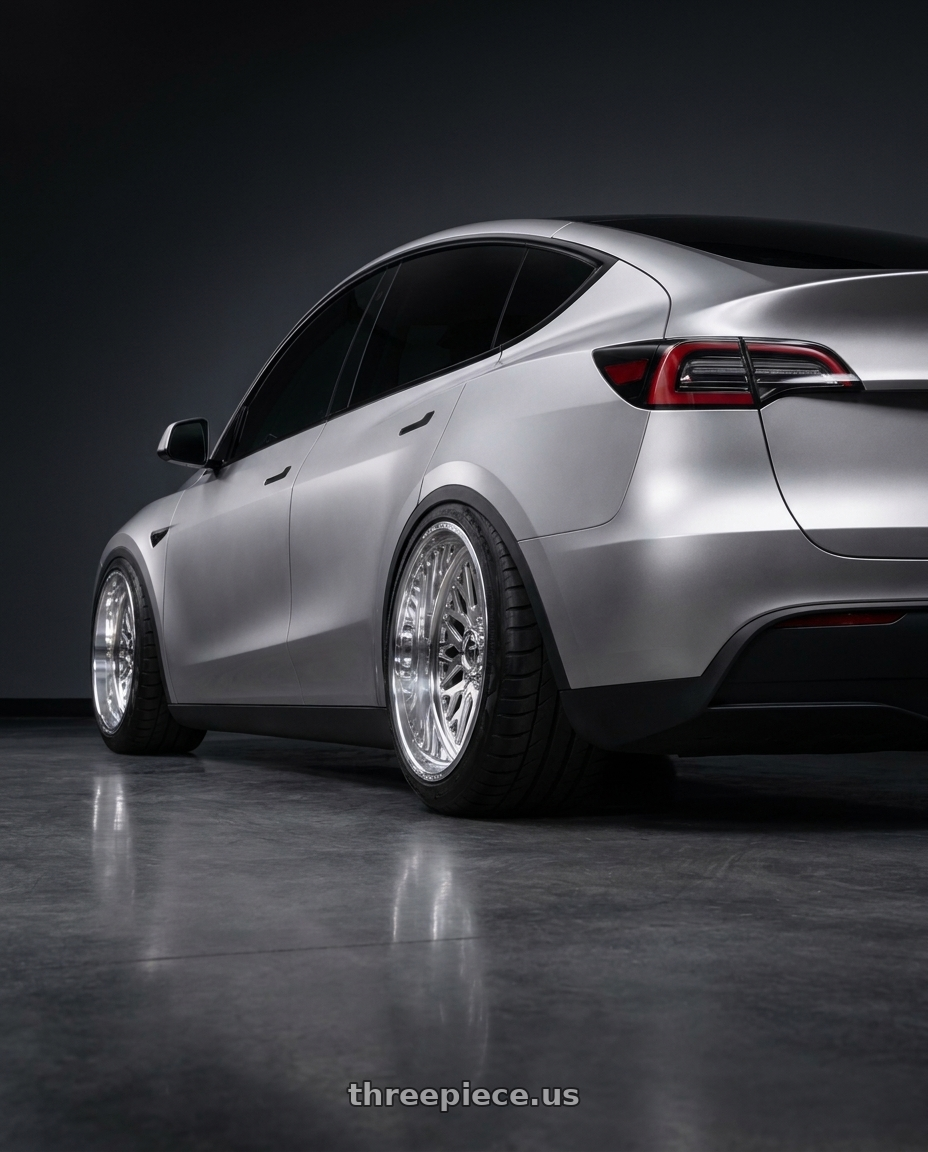 2026 Tesla model Y juniper with Fuel Forged FF109 5x139.7 20x9 +0 POLISHED wheels rear three quarter view meaty tires