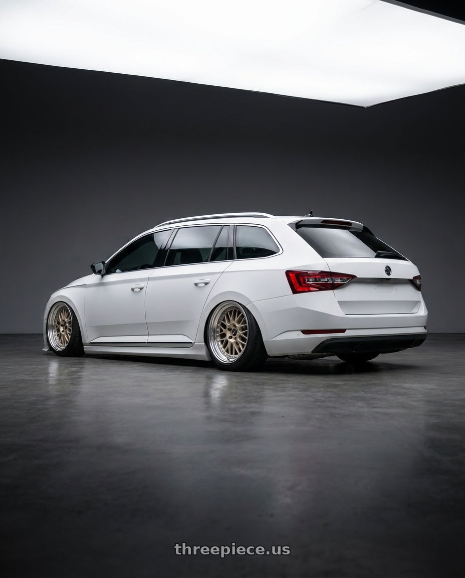 2018 Skoda superb with Work Meister Cr01 4x100 16x5+10 A Disk Bright Buff Finish wheels rear three quarter view meaty tires