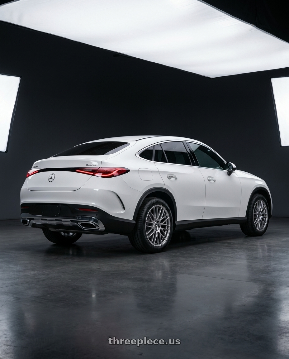 2025 GLC 200 Coupe 4matic with Enkei EKM3 442 5x120 18x8+42 Hyper Silver wheels rear three quarter view square tires