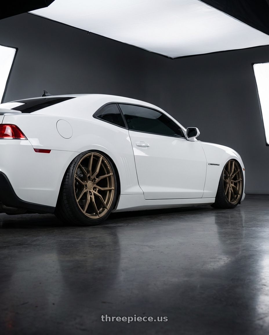 2014 Chevrolet Camaro 5th Gen with Aodhan AFF1 5x120 20x9+30 Matte Bronze wheels rear three quarter view slight stretch tires