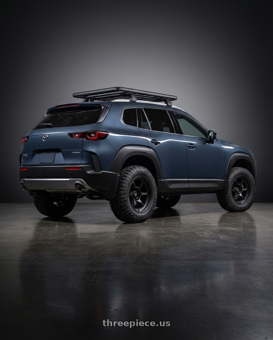 2024 mazda cx-50  with Black Rhino SHOGUN 6X139.7 17X9 -38 MATTE BLACK wheels rear three quarter view meaty tires