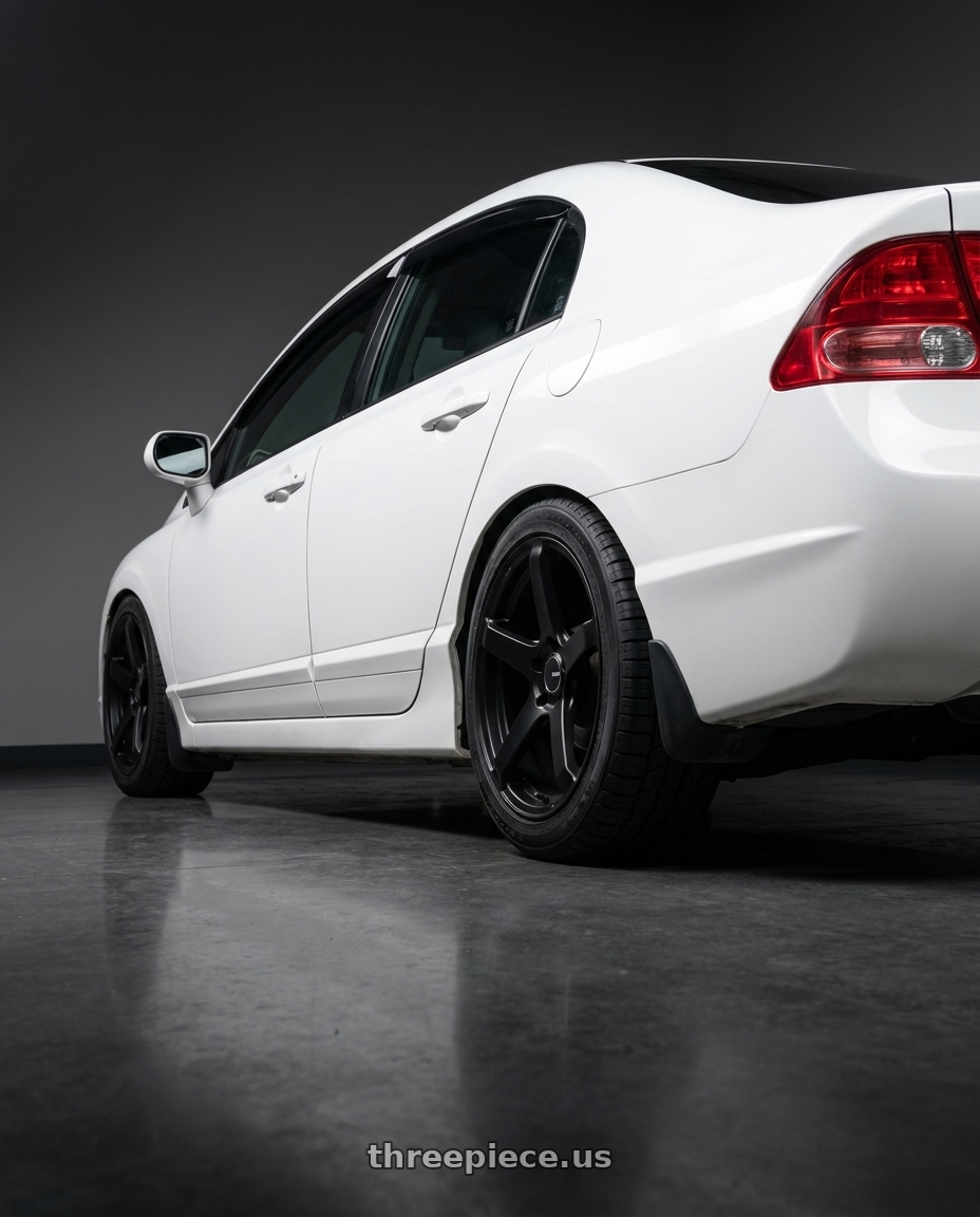 2007 honda civic ex with Enkei Kojin 5x114.3 17x8+35 Matte Black wheels rear three quarter view square tires