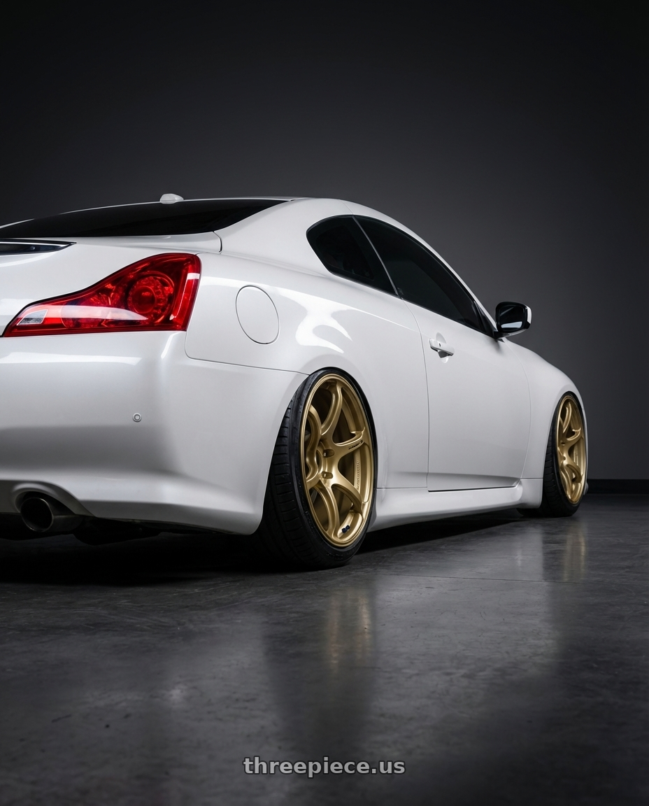 2014 Infiniti G37 Coupe with Advan RGIII 5x114.3 19x10.5+25 Gold wheels rear three quarter view slight stretch tires