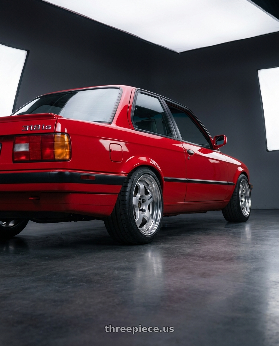 1991 bmw 318is with Work Meister S1 2P 4x100 15x7.5+0 R Disk Silver wheels rear three quarter view square tires