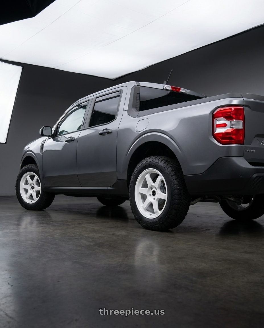 2025 Ford Maverick Lariat with Vors TR37 5x108 17x8 +35 White wheels rear three quarter view meaty tires