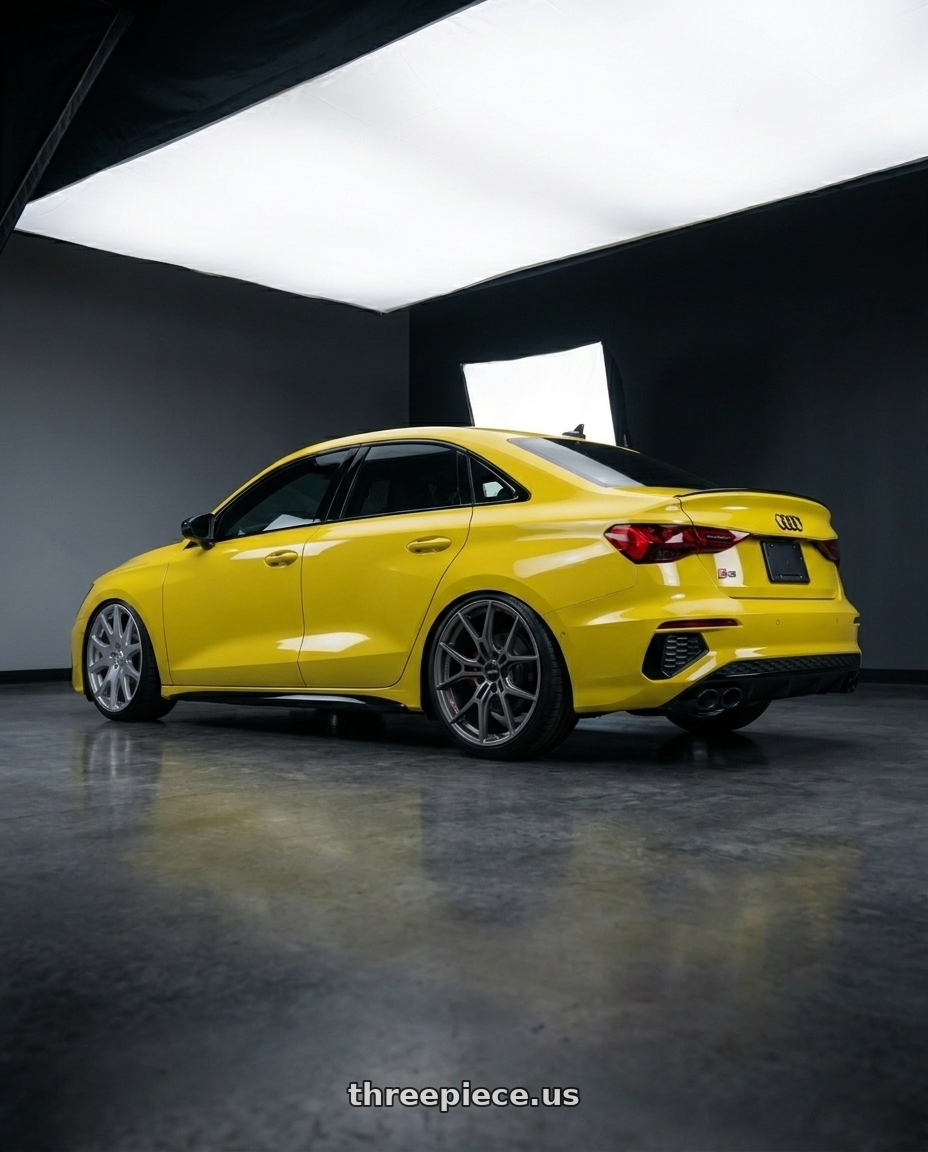 2023 Audi S3 with Gram Lights 57FXZ Overseas Model 5x112 19x8.5+45 Matte Graphite wheels rear three quarter view square tires