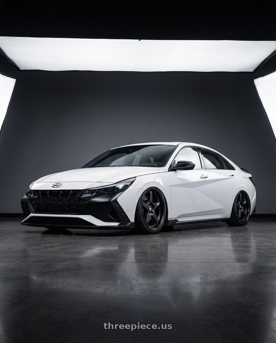 2024 Hyundai Elantra N with ESR Wheels APEX SERIES AP5 5x114.3 19x9.5 +22 Matte Black wheels front three quarter view stanced stance