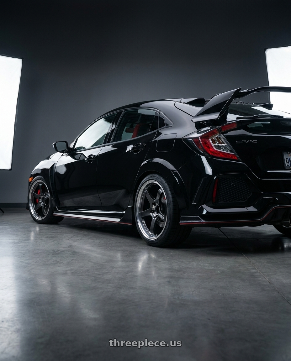 2021 Honda Civic Type R with Advan Racing GT BEYOND-R 5x120 18x10.5 +34 DIAMOND CUT & DARK PLATINUM BLACK wheels rear three quarter view square tires