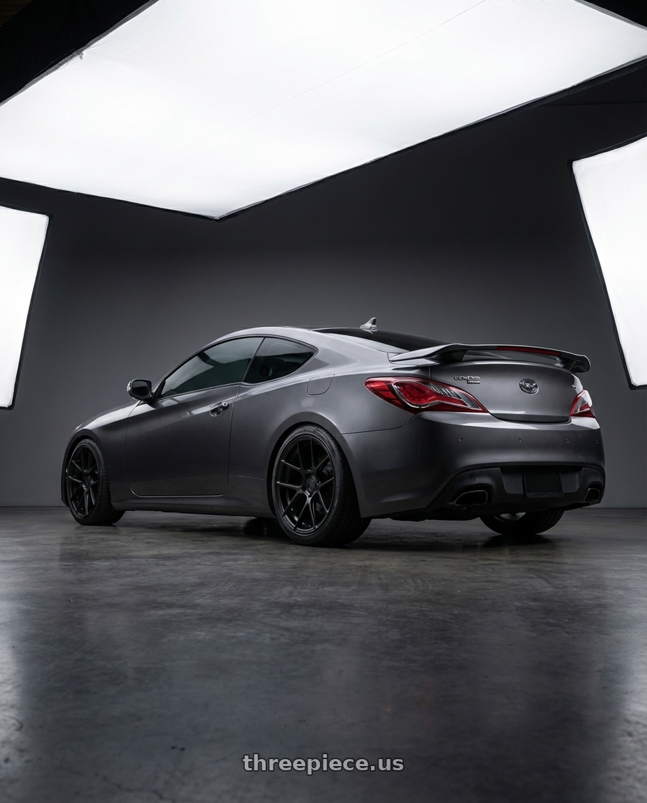 2014 Hyundai Genesis Coupe with Avant Garde Wheels M510 5X114.3 19x9.5 +40 Matte Black wheels rear three quarter view square tires