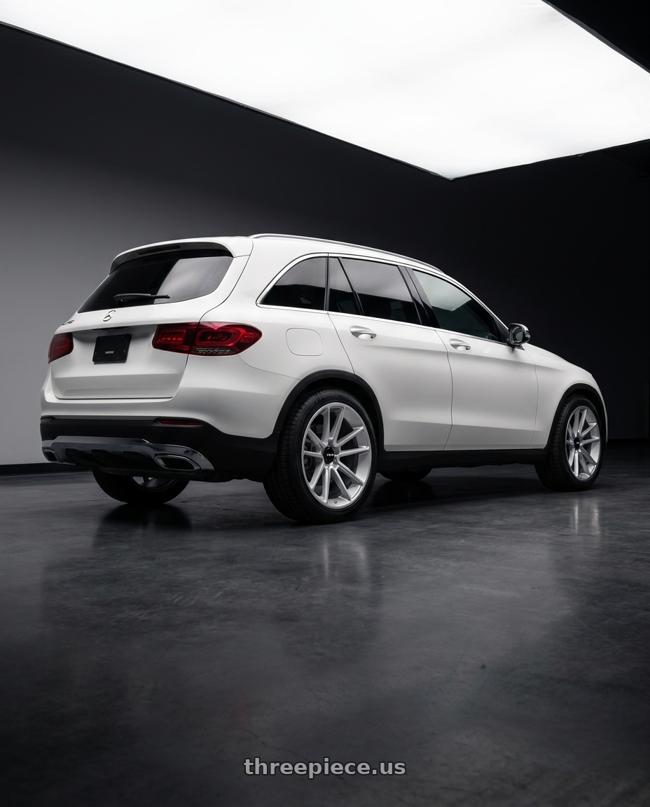 2022 Mercedes Glc300 with Rotiform 1PC R192 BTL 5X120 21X10.5 +15 GLOSS SILVER WITH MACHINED FACE wheels rear three quarter view square tires