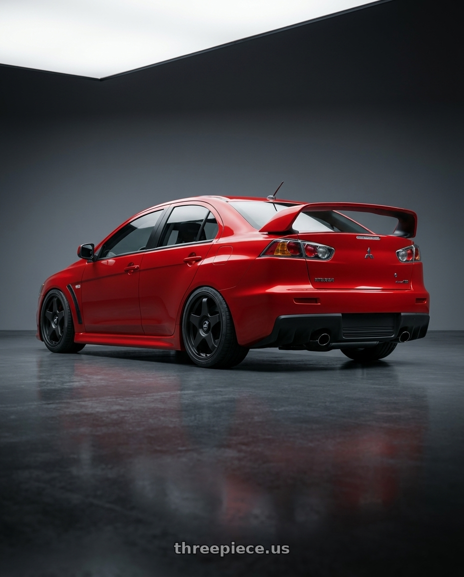 2012 Mitsubishi Lancer Evo X with fifteen52 CHICANE 5x114.3 / 5x100 18x8.5 +35 ASPHALT BLACK (SATIN BLACK) wheels rear three quarter view slight stretch tires