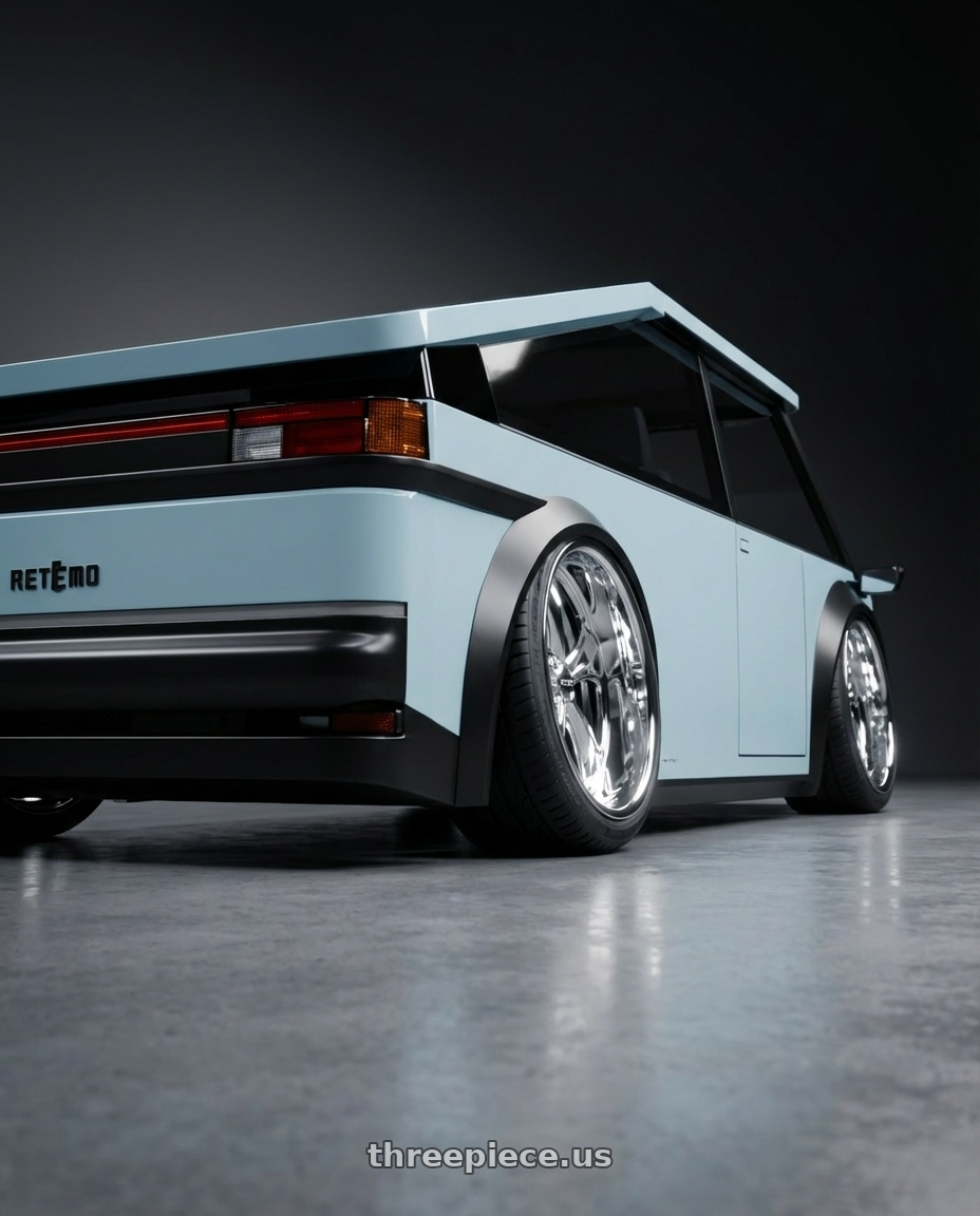 2026 Retemo PoolTop I with Foose 2PC F201 NITROUS 5X120.65 18X9 +6 HIGH LUSTER POLISHED wheels rear three quarter view extreme stretch tires