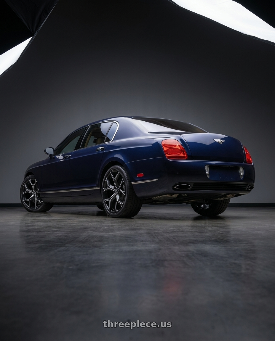 2006 Bentley Continental flying spur with Xcess 5 Flake 5x100 18x8.5 +35 Gloss Black Milled wheels rear three quarter view square tires